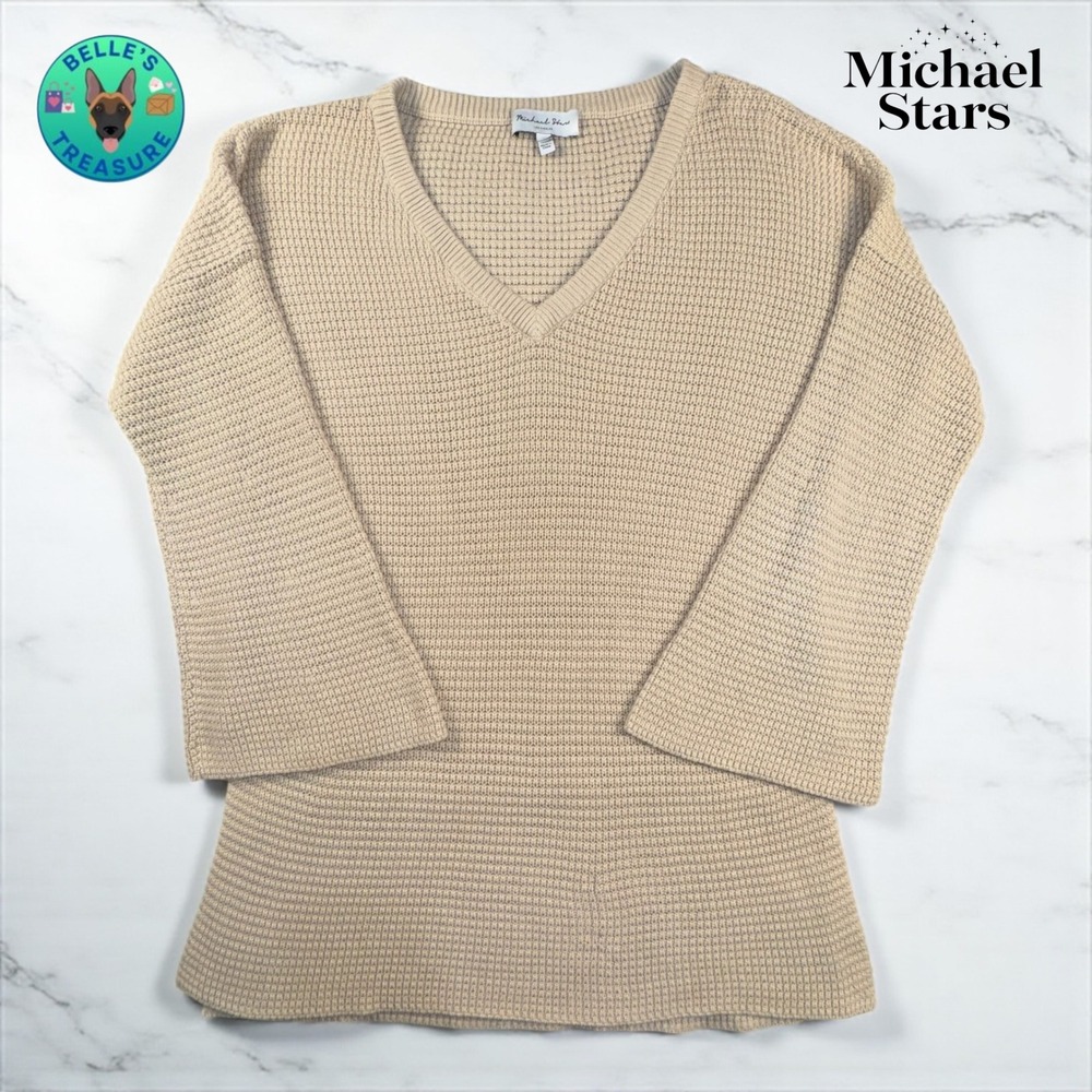 Michael Stars Womens Medium Tunic Top Beige‎ V Neck Open Knit Bell Sleeve Shirt
